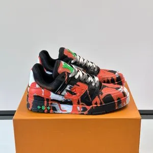 LV Men Black Red Painted Leather Sneakers