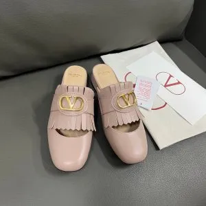 Valentino Women Pink Leather Fringe Mules