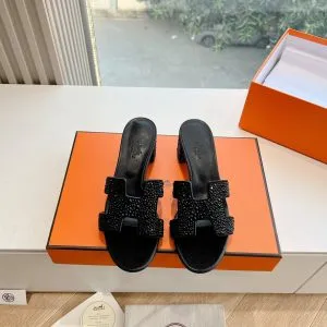 Hermes Women Black Embellished Leather Mules