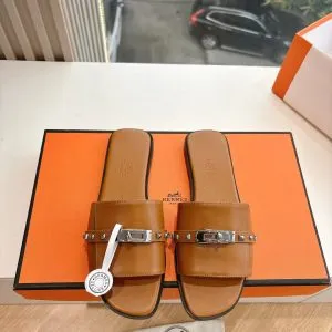 Hermes Women Brown Leather Slide Sandals