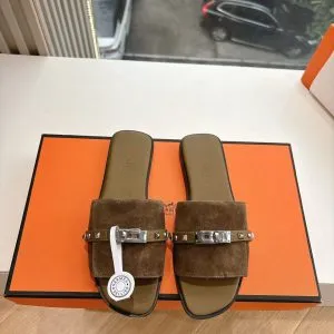 Hermes Women Brown Suede Slide Sandals