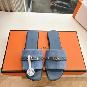 Hermes Women Blue Suede Flat Slide Sandals