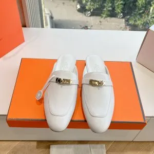 Hermes Women White Leather Mules