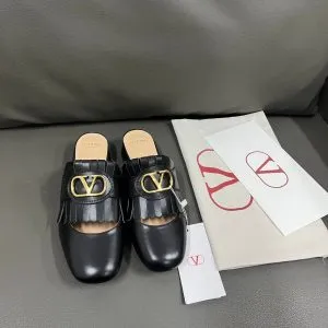 Valentino Women Black Leather Fringe Mules