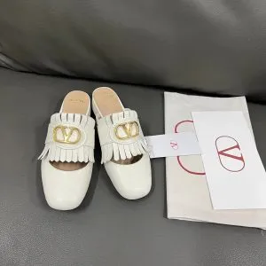 Valentino Women White Leather Fringe Mules