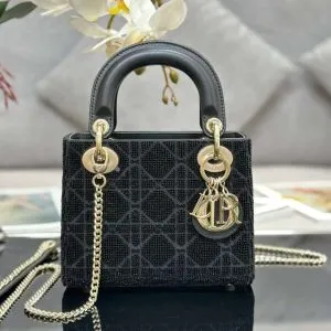 Dior Lady Super Black Beaded Handbag 17x15x7cm