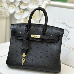HN 25 Black Ostrich Leather Gold Hardware