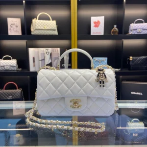 Chanel Handle Charm Like Auth Handbags Lock Gold Demi White 20x12cm