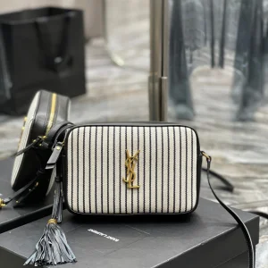 SAINT LAURENT Lou Medium Ysl Striped Canvas Camera Crossbody Bag In Grey Cream