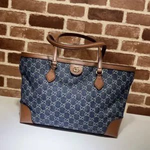 Gucci Medium Tote GG Denim Bag Brown Navy blue Leather