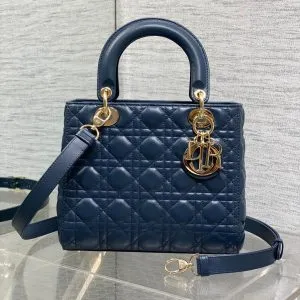 DIOR MEDIUM LADY BAG 24 IN DEEP OCEAN BLUE GOLD HARDWARE