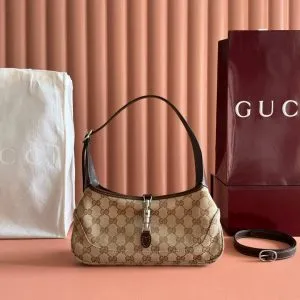 GUCCI 25S JACKIE MONOGRAM 27 CM IN LIGHT BROWN CANVAS AND CALFSKIN