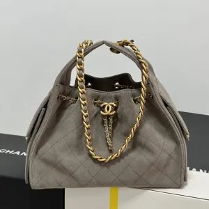NEW CHANEL 25 HANDBAG 30 IN NATURAL GREY SUEDE GOLD HARDWARE